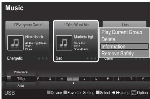 Music If Everyone Cared Nickelback All The Right Reas.. 2005 Blues Energetic If You Want Me Marketa Irgl... Once Ost 2007 Soundtrack Sad Lies Play Current Group Delete Information Remove Safely Calm Preference Title F G H J L P S T V Artist USB Device Favorites Setting Select Jump Option