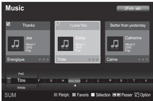 Music 2Fich. sél. Thanks Jee Album 1 2005 Pop Energie I Love You Darby Album 2 2005 Pop Triste Better than yesterday Catherine Album 3 2005 Pop Calme Préf. Titre F G H J L P S T V Artiste Périph. Favoris Sélection Passer Option SUM