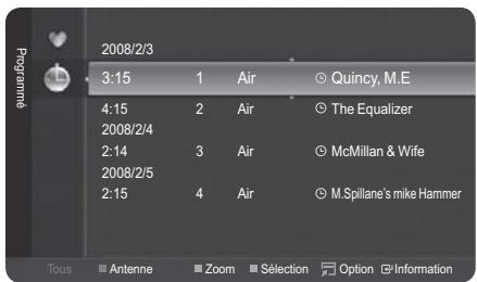 2008/2/3 3:15 1 Air ○ Quincy, M.E 4:15 2 Air ○ The Equalizer 2008/2/4 2:14 3 Air ○ McMillan & Wife 2008/2/5 2:15 4 Air ○ M.Spillane's mike Hammer Tous □ Antenne □ Zoom □ Sélection □ Option □ Information