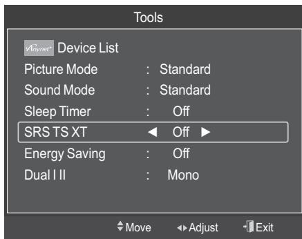 Tools Device List Picture Mode : Standard Sound Mode : Standard Sleep Timer : Off SRS TS XT ← Off ► Energy Saving : Off Dual I II : Mono Move Adjust Exit