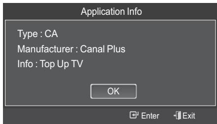 Application Info Type : CA Manufacturer : Canal Plus Info : Top Up TV OK Enter Exit