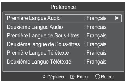 Préférence Première Langue Audio : Français Deuxième Langue Audio : Français Première Langue de Sous-titres : Français Deuxième langue de Sous-titres : Français Première Langue Télétexte : Français Deuxième Langue Télétexte : Français