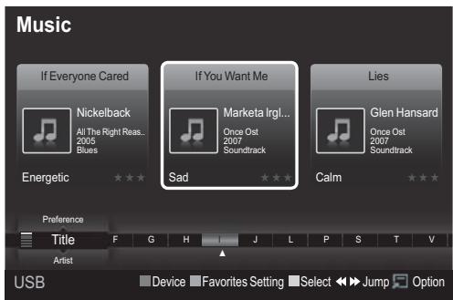 Music If Everyone Cared Nickelback All The Right Reas... 2005 Blues Energetic If You Want Me Marketa Irgl... Once Ost 2007 Soundtrack Sad Calm Lies Glen Hansard Once Ost 2007 Soundtrack Preference Title F G H J L P S T V Artist Device Favorites Setting Select Jump Option USB