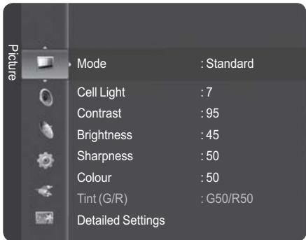 Picture Mode : Standard Cell Light : 7 Contrast : 95 Brightness : 45 Sharpness : 50 Colour : 50 Tint (G/R) : G50/R50 Detailed Settings