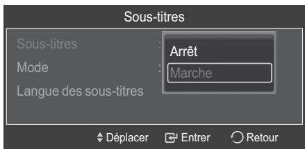 Sous-titres Sous-titres : Arrêt Mode : Marche Langue des sous-titres Déplacer Entrer Retour