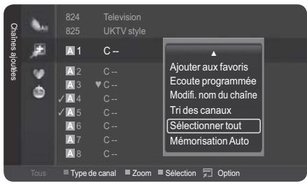 824 Television 825 UKTV style A 1 C -- A 2 C -- A 3 C -- ✓ A 4 C -- ✓ A 5 C -- A 6 C -- A 7 C -- A 8 C -- Ajouter aux favoris Ecoute programmée Modifi. nom du chaîne Tri des canaux Sélectionner tout Mémorisation Auto Tous Type de canal Zoom Sélection Option