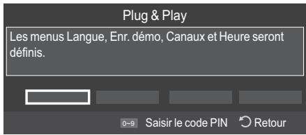 Plug & Play Les menus Langue, Enr. démo, Canaux et Heure seront définis.