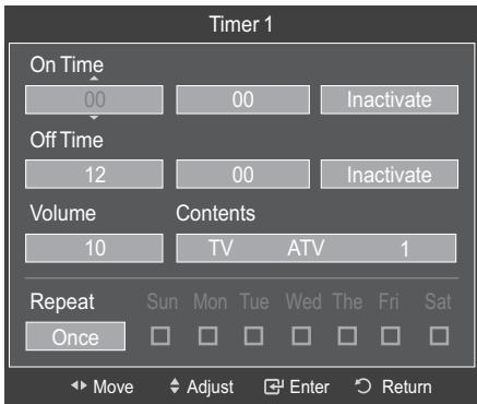 Timer 1 On Time 00 00 Inactivate Off Time 12 00 Inactivate Volume Contents 10 TV ATV 1 Repeat Sun Mon Tue Wed The Fri Sat Once Move Adjust Enter Return