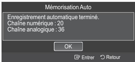 Mémorisation Auto Enregistrement automatique terminé. Chaîne numérique : 20 Chaîne analogique : 36 OK Entrer Retour