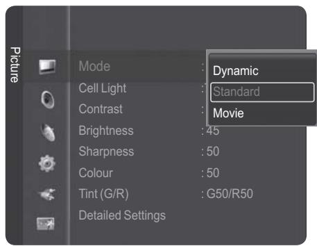 Picture Mode : Dynamic Cell Light : Standard Contrast : Movie Brightness : 45 Sharpness : 50 Colour : 50 Tint (G/R) : G50/R50 Detailed Settings
