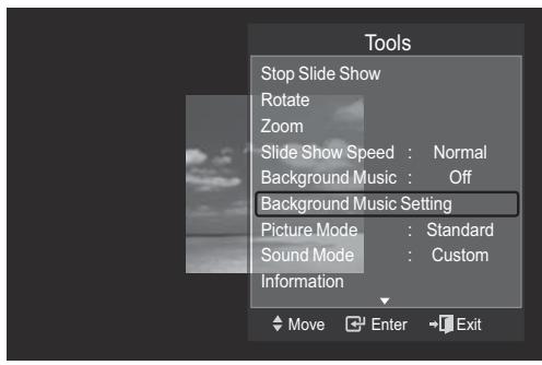 Tools Stop Slide Show Rotate Zoom Slide Show Speed : Normal Background Music : Off Background Music Setting Picture Mode : Standard Sound Mode : Custom Information Move Enter Exit
