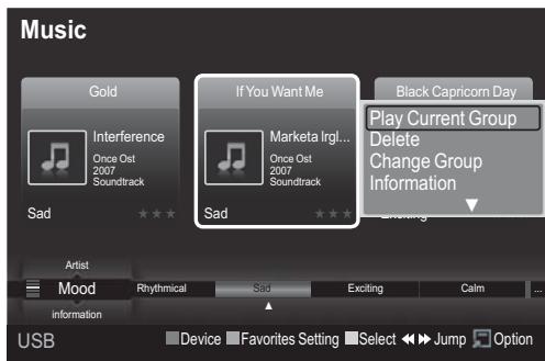 Music Gold Interference Once Ost 2007 Soundtrack If You Want Me Marketa Irgl... Once Ost 2007 Soundtrack Black Capricorn Day Play Current Group Delete Change Group Information Sad Sadh Artist Mood Rhythmical Sad Exciting Calm information Device Favorites Setting Select Jump Option USB
