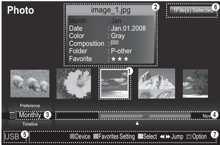 Photo image_1.jpg Month : Jan Date : Jan.01.2008 Color : Gray Composition : ≡ Folder : P-other Favorite : ★★★ 1File(s) Selected Preference Monthly 3 Jan Nov Timeline USB 5 Device Favorites Setting Select Jump Option