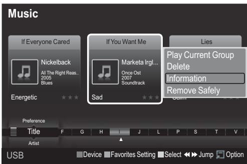 Music If Everyone Cared Nickelback All The Right Reas... 2005 Blues Energetic If You Want Me Marketa Irgl... Once Ost 2007 Soundtrack Sad Lies Play Current Group Delete Information Remove Safely Pick Preference Title F G H J L P S T V Artist Device Favorites Setting Select Jump Option USB