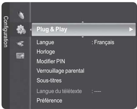 Configuration Plug & Play Langue : Français Horloge Modifier PIN Verrouillage parental Sous-titres Langue du télétexte : ---- Préférence