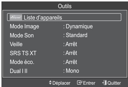 Outils A234015 Liste d'appareils Mode Image : Dynamique Mode Son : Standard Veille : Arrêt SRS TS XT : Arrêt Mode éco. : Arrêt Dual I II : Mono