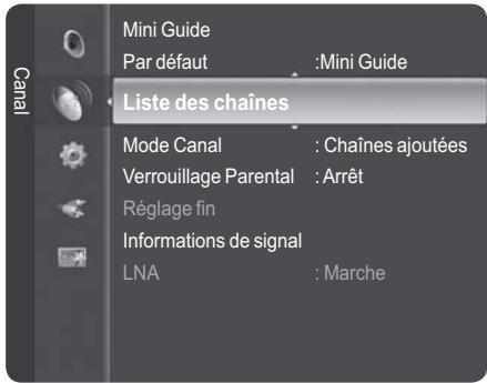 Mini Guide Par défaut :Mini Guide Liste des chaînes Mode Canal : Chaînes ajoutées Verrouillage Parental : Arrêt Réglage fin Informations de signal LNA : Marche