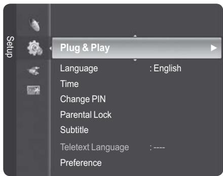 Plug & Play Language : English Time Change PIN Parental Lock Subtitle Teletext Language : ---- Preference