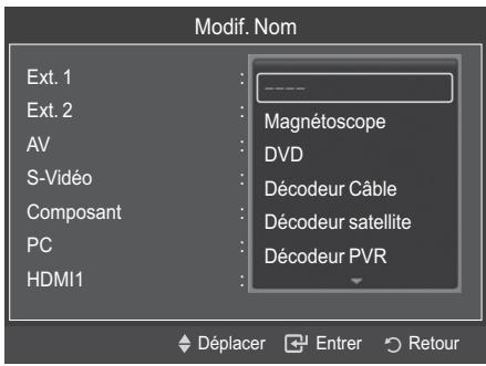Modif. Nom Ext. 1 Ext. 2 AV S-Viséo Composant PC HDMI1 Magnétoscope DVD Décodeur Câble Décodeur satellite Décodeur PVR Déplacer Entrer Retour