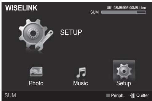 WISELINK 851.98MB/995.00MB Libre SUM SETUP Photo Music Setup SUM Périph. Quitter