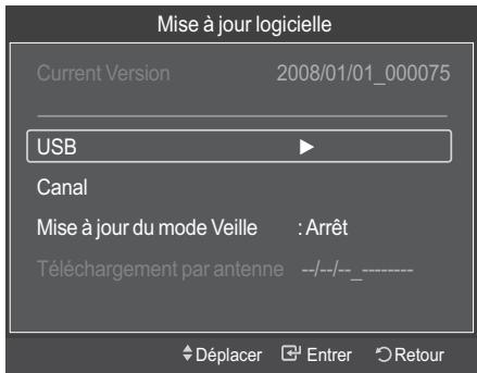 Mise à jour logicielle Current Version 2008/01/01_000075 USB Canal Mise à jour du mode Veille : Arrêt Téléchargement par antenne --/--/- Déplacer Enter Retour