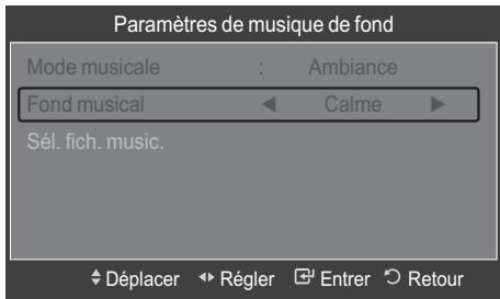 Paramètres de musique de fond Mode musicale : Ambiance Fond musical ← Calme ► Sél. fich. music. Déplacer Règler Entrer Retour