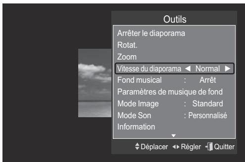 Outils Arrêter le diaporama Rotat. Zoom Vitesse du diaporama ▶ Normal ▶ Fond musical : Arrêt Paramètres de musique de fond Mode Image : Standard Mode Son : Personnalisé Information Déplacer ▶ Régler ▶ Quitter