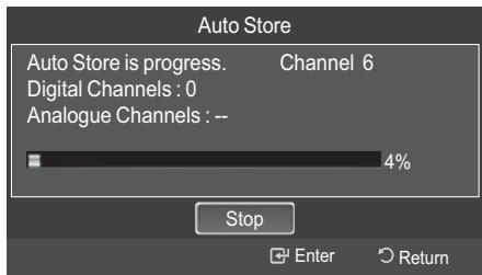 Auto Store Auto Store is progress. Channel 6 Digital Channels : 0 Analogue Channels : -- 4% Stop Enter Return