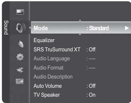 Mode : Standard Equalizer SRS TruSurround XT : Off Audio Language : ---- Audio Format : ---- Audio Description Auto Volume : Off TV Speaker : On