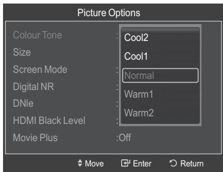 Picture Options Colour Tone : Cool2 Size Cool1 Screen Mode Normal Digital NR Warm1 DNle Warm2 HDMI Black Level Movie Plus : Off Move Enter Return