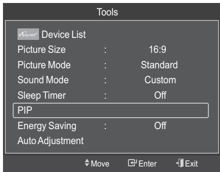 Tools Device List Picture Size : 16:9 Picture Mode : Standard Sound Mode : Custom Sleep Timer : Off PIP Energy Saving : Off Auto Adjustment Move Enter Exit