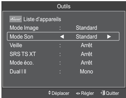 Outils A#hyret Liste d'appareils Mode Image : Standard Mode Son ← Standard ► Veille : Arrêt SRS TS XT : Arrêt Mode éco. : Arrêt Dual I II : Mono Déplacer Régler Quitter