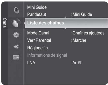 Mini Guide Par défaut : Mini Guide Liste des chaînes Mode Canal : Chaînes ajoutées Verr Parental : Marche Réglage fin Informations de signal LNA : Arrêt