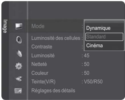 Mode : Dynamique Luminosité des cellules : Standard Contraste : Cinéma Luminosité : 45 Netteté : 50 Couleur : 50 Teinte(V/R) : V50/R50 Réglages des détails
