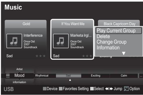 Music Gold Interference Once Ost 2007 Soundtrack If You Want Me Marketa Irgl... Once Ost 2007 Soundtrack Black Capricorn Day Play Current Group Delete Change Group Information Sad SAD Exploring Artist Mood Rhythmical Sad Exciting Calm information Device Favorites Setting Select Jump Option USB