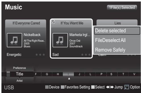 Music If Everyone Cared Nickelback All The Right Reas... 2005 Blues Energetic If You Want Me Marketa Irgl... Once Ost 2007 Soundtrack Sad Lies Delete selected FileDeselect All Remove Safely Calm Preference Title F G H J L P S T V Artist Device Favorites Setting Select Jump Option
