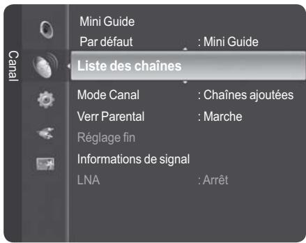Mini Guide Par défaut : Mini Guide Liste des chaînes Mode Canal : Chaînes ajoutées Verr Parental : Marche Réglage fin Informations de signal LNA : Arrêt