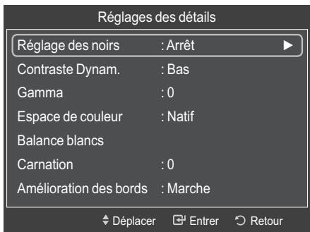 Réglages des détails Réglage des noirs : Arrêt Contraste Dynam. : Bas Gamma : 0 Espace de couleur : Natif Balance blancs Carnation : 0 Amélioration des bords : Marche