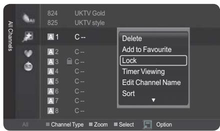 All Channels 824 UKTV Gold 825 UKTV style A 1 C -- A 2 C -- A 3 C -- A 4 C -- A 5 C -- A 6 C -- A 7 C -- A 8 C -- All Channel Type Zoom Select Option Delete Add to Favourite Lock Timer Viewing Edit Channel Name Sort ▼