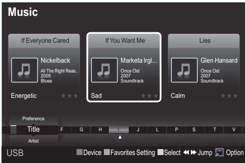 Music If Everyone Cared Nickelback All The Right Reas... 2005 Blues Energetic If You Want Me Marketa Irgl... Once Ost 2007 Soundtrack Sad Lies Glen Hansard Once Ost 2007 Soundtrack Calm Preference Title F G H J L P S T V Artist Device Favorites Setting Select Jump Option