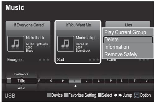 Music If Everyone Cared Nickelback All The Right Reas.. 2005 Blues Energetic If You Want Me Marketa Irgl.. Once Ost 2007 Soundtrack Sad Lies Play Current Group Delete Information Remove Safely Calm Preference Title F G H J L P S T V Artist Device Favorites Setting Select Jump Option USB