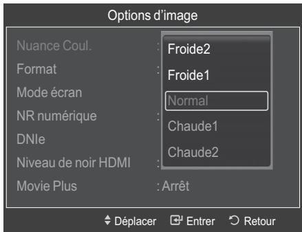 Options d'image Nuance Coul. : Froide2 Format : Froide1 Mode écran : Normal NR numérique : Chaude1 DNle : Chaude2 Niveau de noir HDMI : Movie Plus : Arrêt Déplacer Entrer Retour