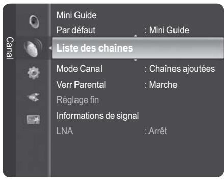 Mini Guide Par défaut : Mini Guide Liste des chaînes Mode Canal : Chaînes ajoutées Verr Parental : Marche Réglage fin Informations de signal LNA : Arrêt