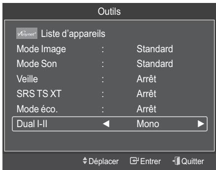 Outils Liste d'appareils Mode Image : Standard Mode Son : Standard Veille : Arrêt SRS TS XT : Arrêt Mode éco. : Arrêt Dual I-II Mono Déplacer Enter Quitter