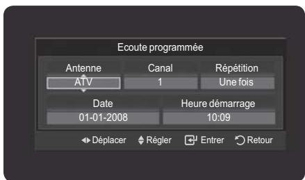 Ecoute programmée Antenne Canal Répétition ATV 1 Une fois Date Heure démarrage 01-01-2008 10:09 Déplacer Régier Entrer Retour