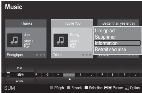 Music Thanks Jee Album 1 2005 Pop Energique I Love You Darby Album 2 2005 Pop Triste Better than yesterday Lire gp act. Supprimer Information Retrait sécurisé Came Pref. Titre F G H J L P S T V Artiste SUM Périph. Favoris Sélection Passer Option