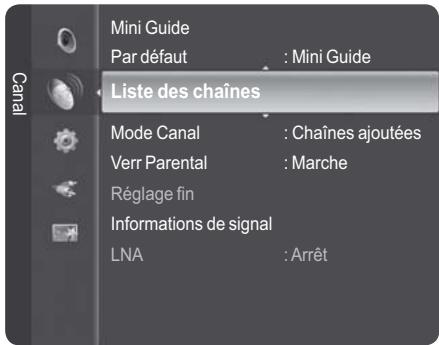 Mini Guide Par défaut : Mini Guide Liste des chaînes Mode Canal : Chaînes ajoutées Verr Parental : Marche Réglage fin Informations de signal LNA : Arrêt