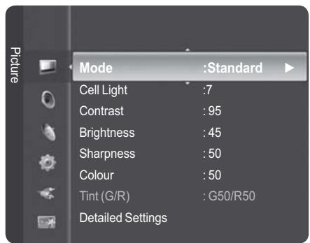 Mode :Standard Cell Light :7 Contrast :95 Brightness :45 Sharpness :50 Colour :50 Tint (G/R) :G50/R50 Detailed Settings