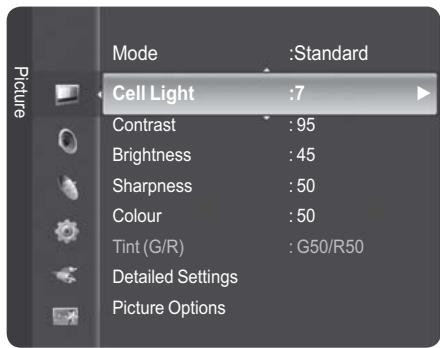 Mode :Standard Cell Light :7 Contrast : 95 Brightness : 45 Sharpness : 50 Colour : 50 Tint (G/R) : G50/R50 Detailed Settings Picture Options