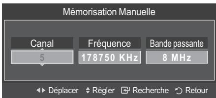 Mémorisation Manuelle Canal Fréquence Bande passante 5 178750 KHz 8 MHz Déplacer Régler Recherche Retour